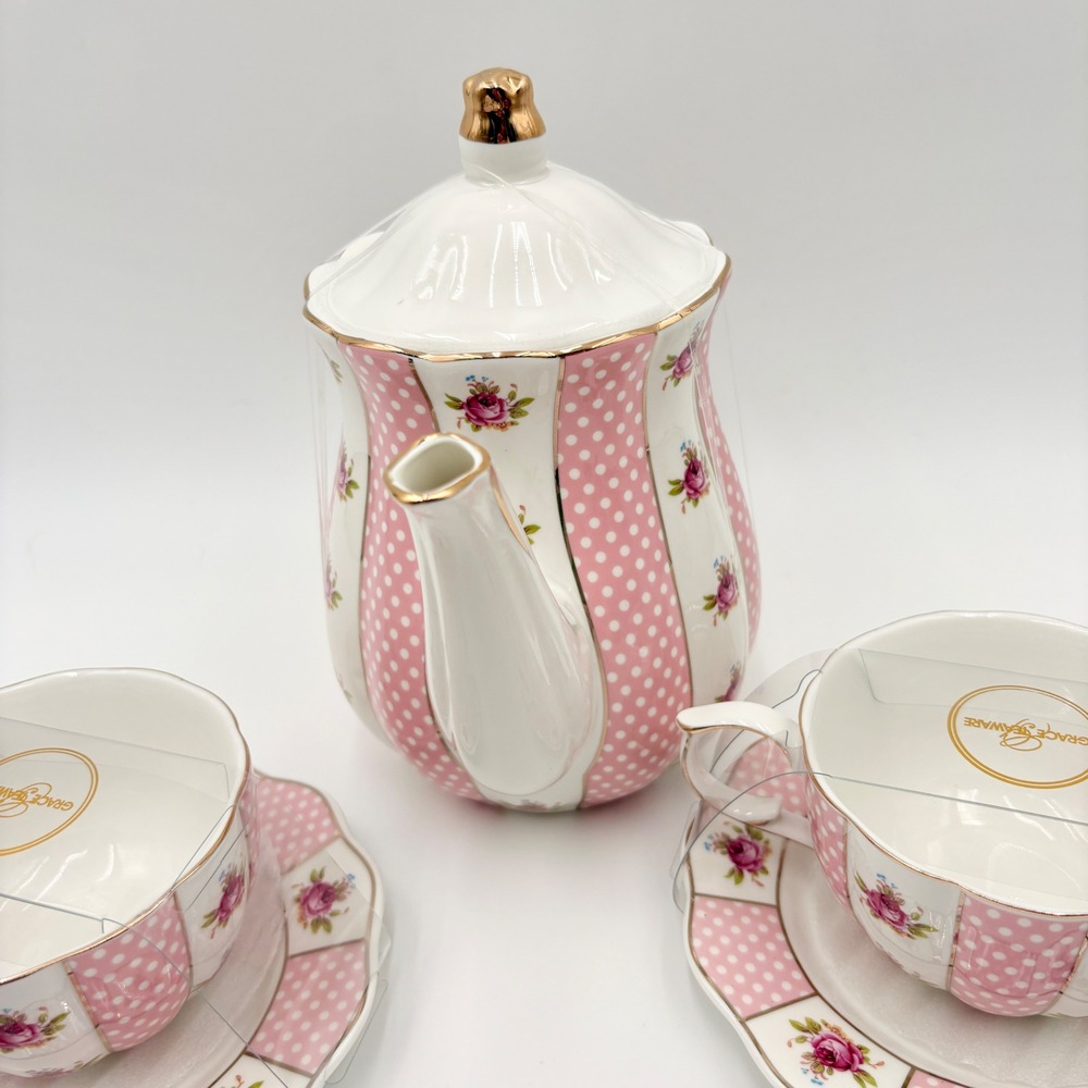 Grace Teaware Pink Polka Dot Rose Floral Porcelain Teapot and 2 Cup Saucer Set - Picture 8 of 11